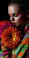 Vibrant model poses with colorful flowers in artistic display photo