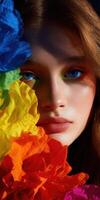 Young woman with colorful flowers creating a vibrant portrait photo