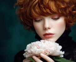 Woman holding delicate flower with soft expression in a dim setting photo