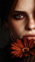 Close-up portrait of a young woman with a flower in soft light photo