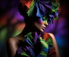 Colorful portrait of a model with vibrant fabric in dramatic lighting photo