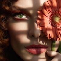 Captivating woman with green eyes and flower in artistic shadow play photo