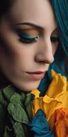 Woman with colorful flowers and vibrant makeup during a close-up session photo