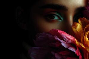 Elegant close-up of a person with vibrant flowers and striking makeup photo