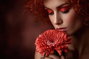 Woman admires red flower in artistic portrait setting photo