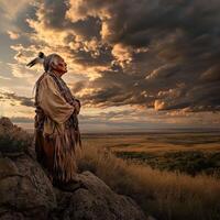 Elder standing on rocks overlooking vast landscape during sunset photo