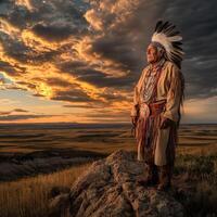 Elder in traditional attire stands on a rock during sunset photo