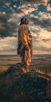 Indigenous man standing on a rock overlooking vast landscape at sunset photo