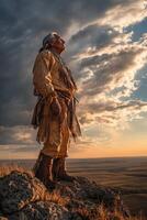 Elder in traditional attire stands on a hill at sunset photo