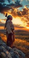 Elder standing on a cliff at sunset in open wilderness photo