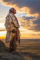 Elder in traditional dress by a stunning sunset backdrop photo