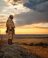 Native American man standing on rock at sunset in open landscape photo