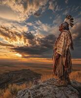 Elder standing on rock during sunset in open landscape photo