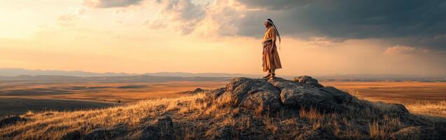 Native figure standing on rock during sunset in vast landscape photo