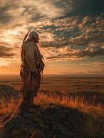 Indigenous man in traditional attire stands on rock at sunset photo