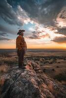 Sunset view of a cowboy standing on a rocky outcrop in open plains photo