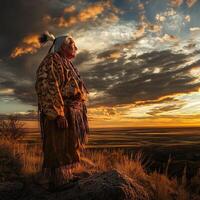 Elder Native American man gazes at sunset over expansive landscape photo