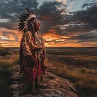 Native American elder standing on cliff during sunset in the plains photo