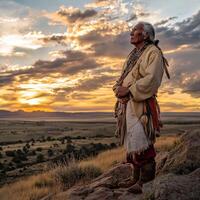 Elder standing on a cliff at sunset near a serene landscape photo