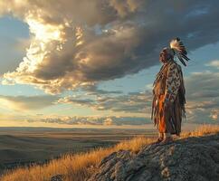 Native man standing on a rocky landscape at sunset with clouds photo