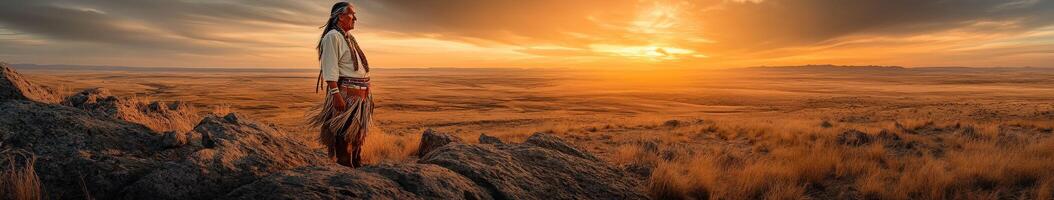 Native person standing on rock formation during sunset in desert photo