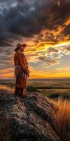 Sunset view of a native dressed in traditional attire on a rocky hill photo