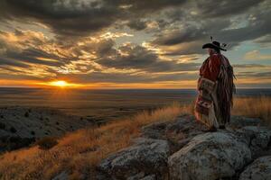 Sunset view of traditional figure on rocky terrain in open landscape photo