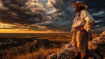 Cowboy stands on cliff as sunset lights up the sky photo