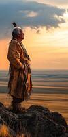 Native elder standing on a rock at sunset in open landscape photo