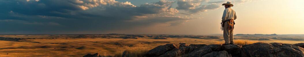 Man standing on rocks overlooking vast landscape at sunset photo