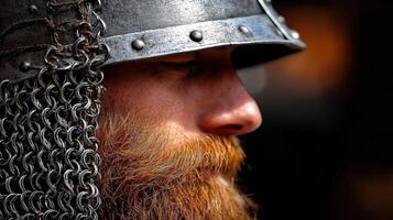 Profile of a warrior with chainmail in historical reenactment photo