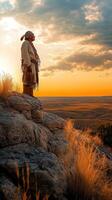Native elder standing on rocky outcrop during sunset photo