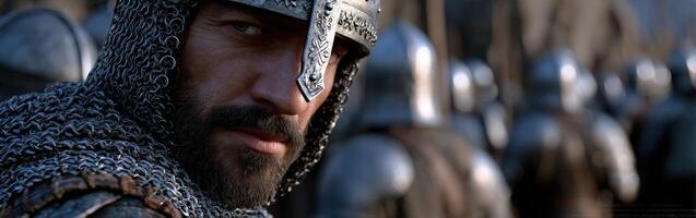 Portrait of a knight in battle-ready armor with soldiers behind photo