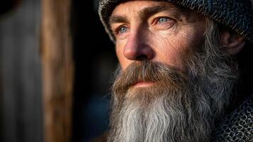 Portrait of a bearded man in historical attire with piercing gaze photo