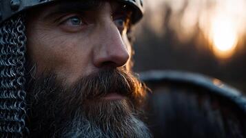 Warrior in chainmail gazes into the sunset photo