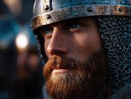 Warrior in shining armor prepares for battle at dusk photo