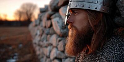 Warrior resting by a stone wall during sunset in a historical setting photo