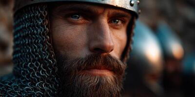 Knight in chainmail readies for battle reenactment photo