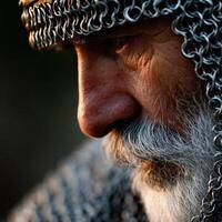 Elderly knight in chainmail reflecting on life's journey at dusk photo