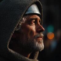 Medieval warrior with silver helmet and cloak in soft light photo