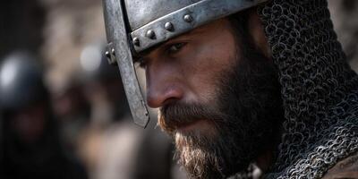 Knight in armor gazes thoughtfully during medieval reenactment photo
