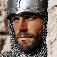 Knight in armor with chainmail standing against a stone wall photo