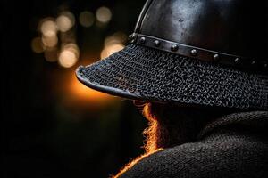 Warrior in medieval helmet during sunset in a forest photo