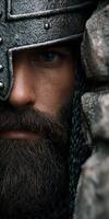 Warrior in armor with intense gaze captured in close-up setting photo