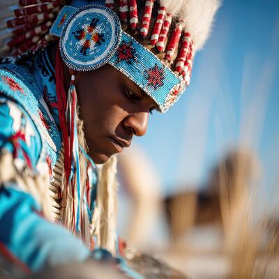 Native American performer in traditional attire at event