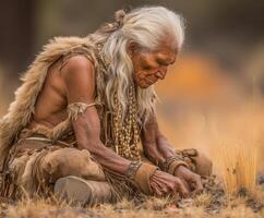 Elder craftsman working with natural materials in a serene landscape photo