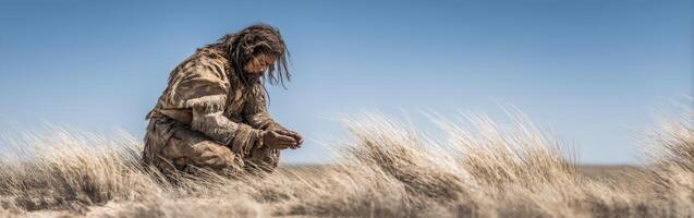 Ancient human figure kneeling in tall grass under clear sky photo