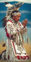 Native American man practices traditional prayer in nature setting photo