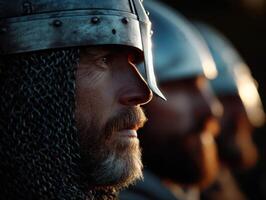 Knights in armor prepare for battle at sunset in a distant land photo