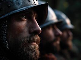 Soldiers prepare for battle in a forest setting during twilight photo